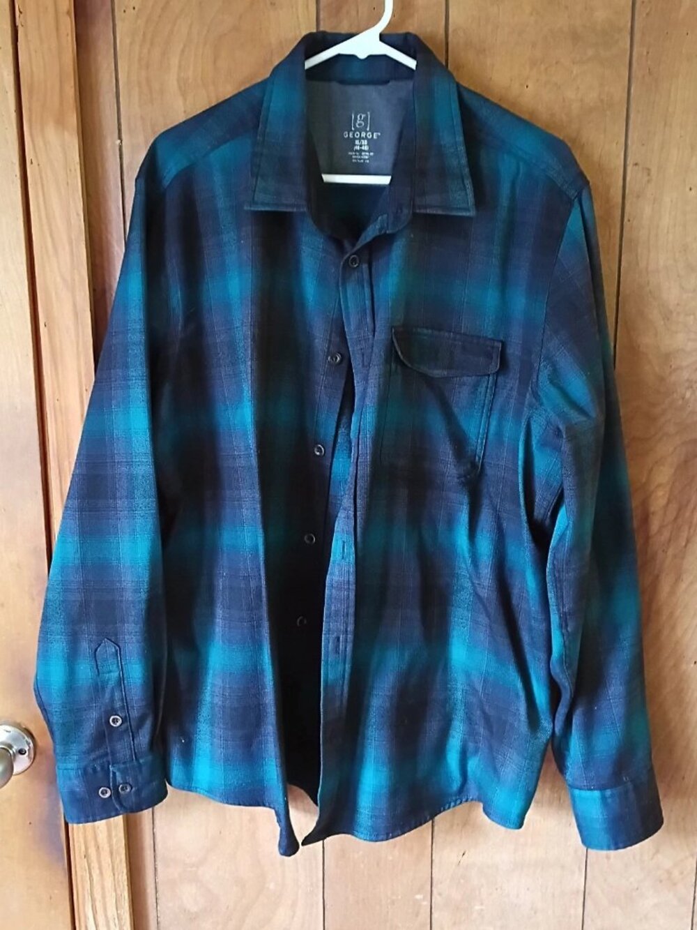 George Men's XL Blue Green Plaid Button Front Long Sleeve Shirt